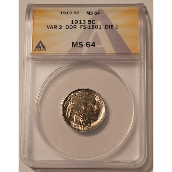 1913 Buffalo Nickel Type 2 DDR FS-1801 Die-1 MS64 ANACS - Picture 1 of 4